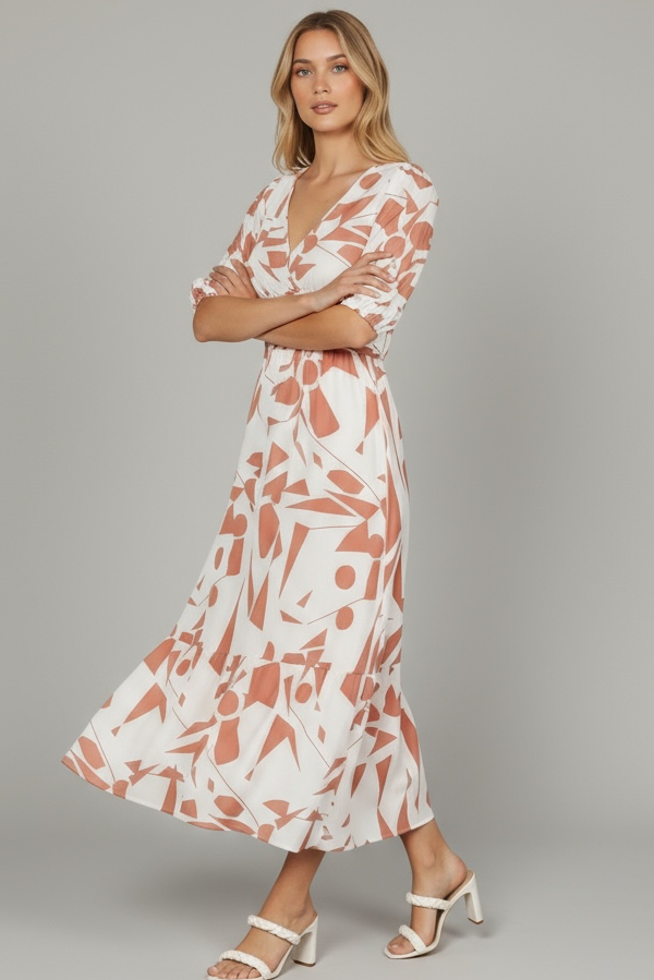 Printed Surplice Balloon Sleeve Dress