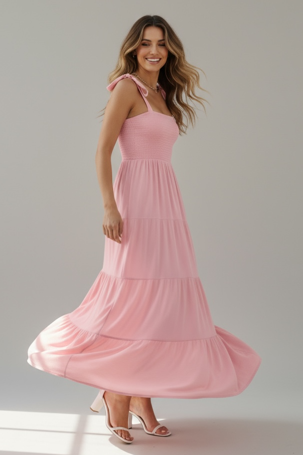 Tie-Shoulder Smocked Tiered Dress