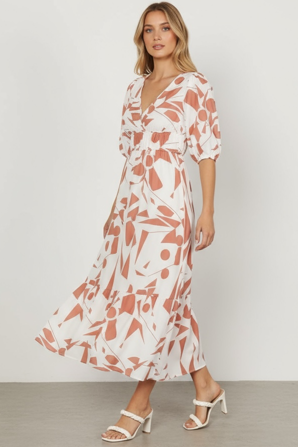Printed Surplice Balloon Sleeve Dress