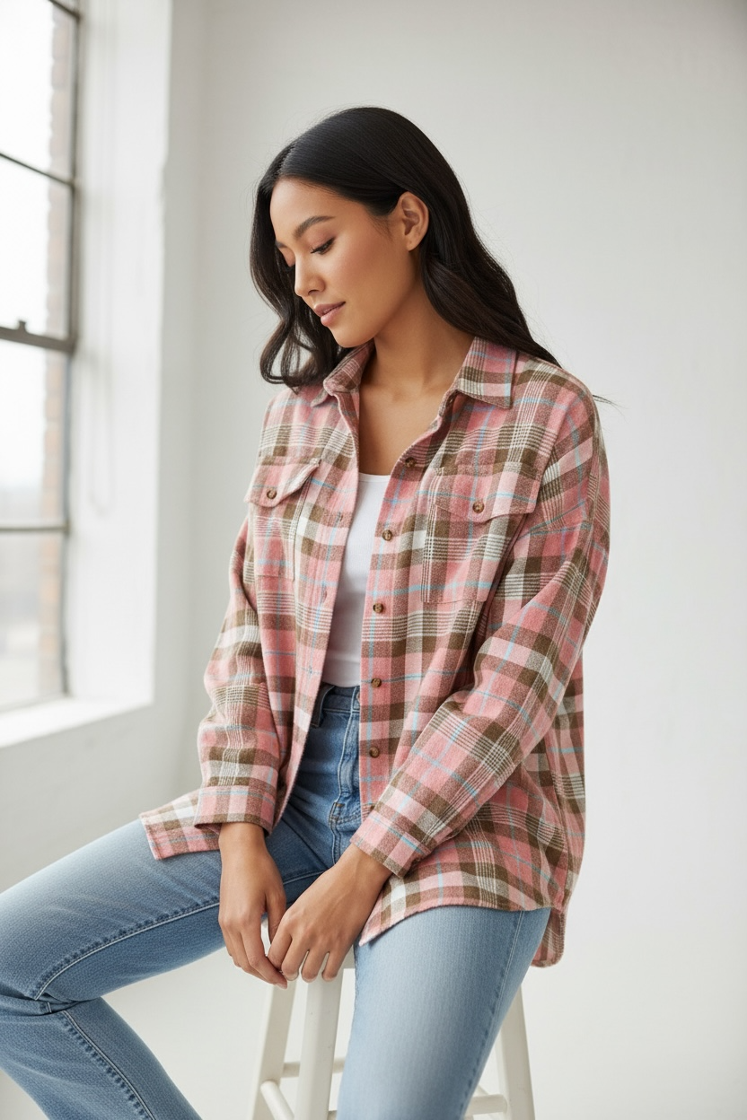 Double Take Plaid Collared Neck Long Sleeve Button-Up Shirt