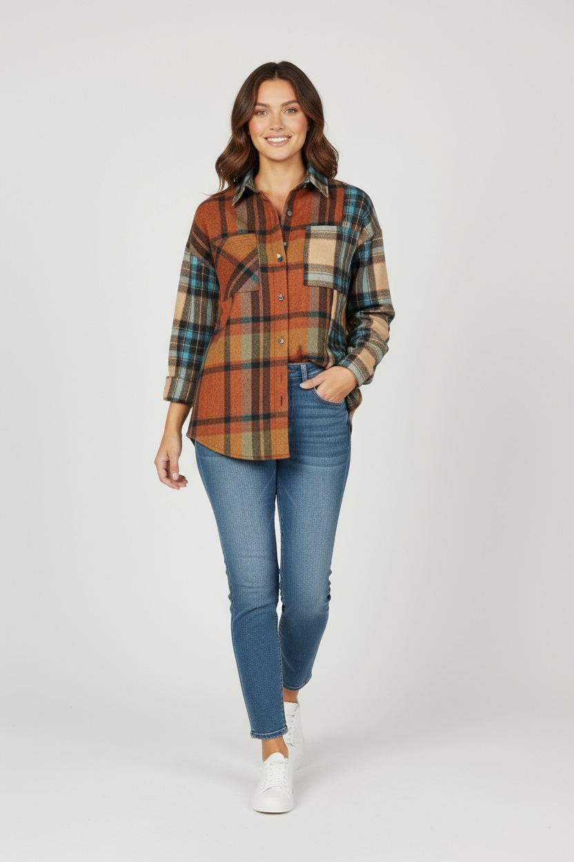 Double Take Plaid Curved Hem Shirt Jacket with Breast Pockets
