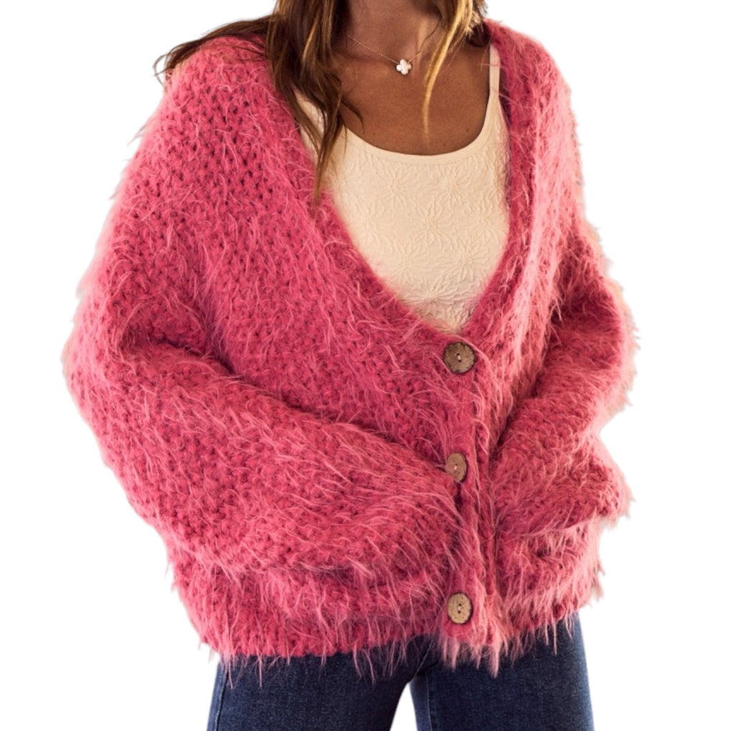 SO ME Cozy Pink Women Fuzzy Cadigan Sweater