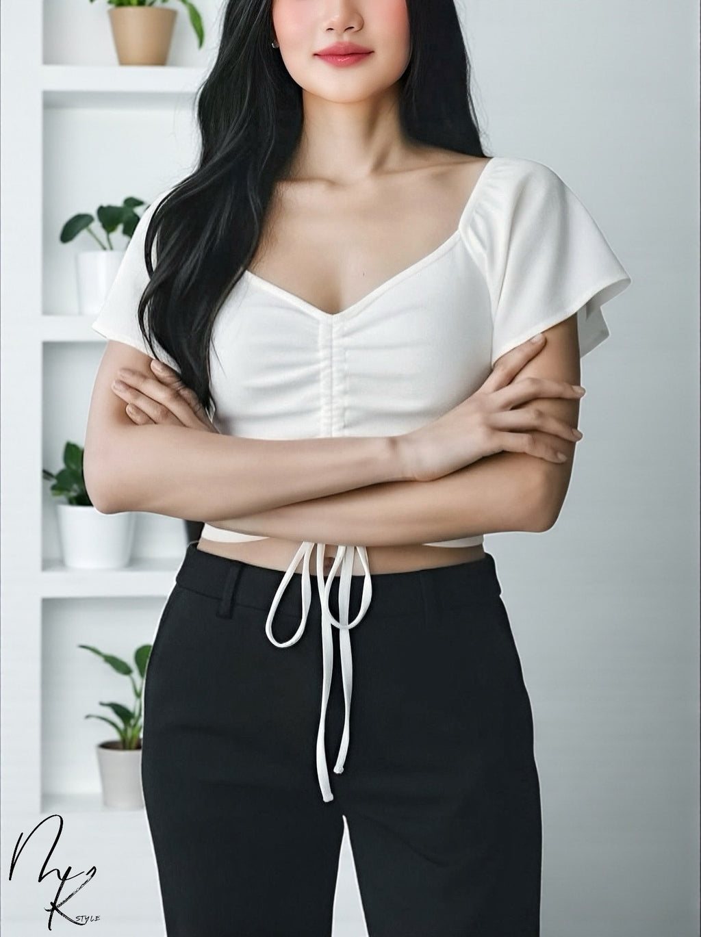 Drawstring Short Sleeve Crop Top