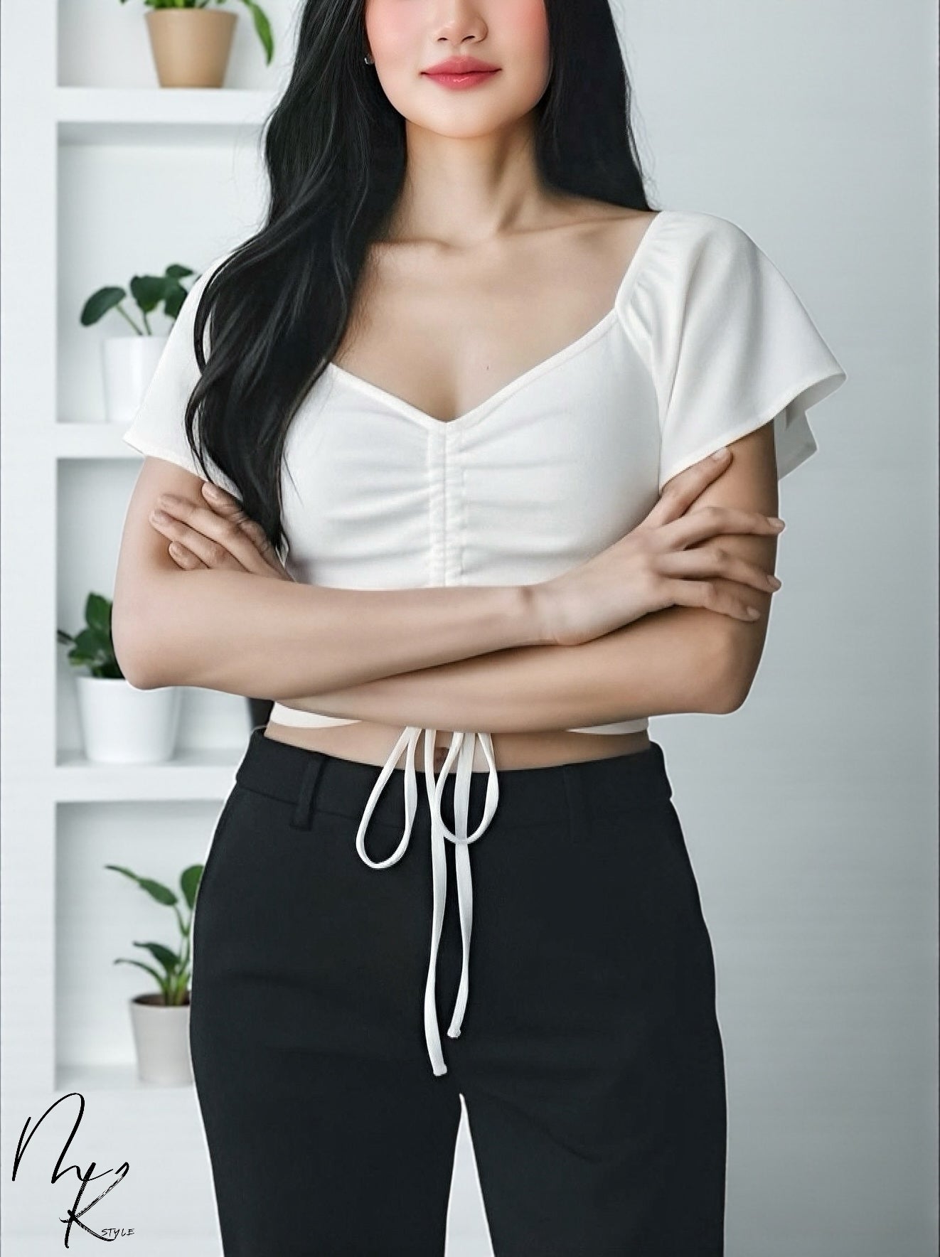 Drawstring Short Sleeve Crop Top