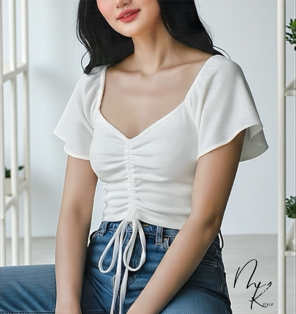 Drawstring Short Sleeve Crop Top